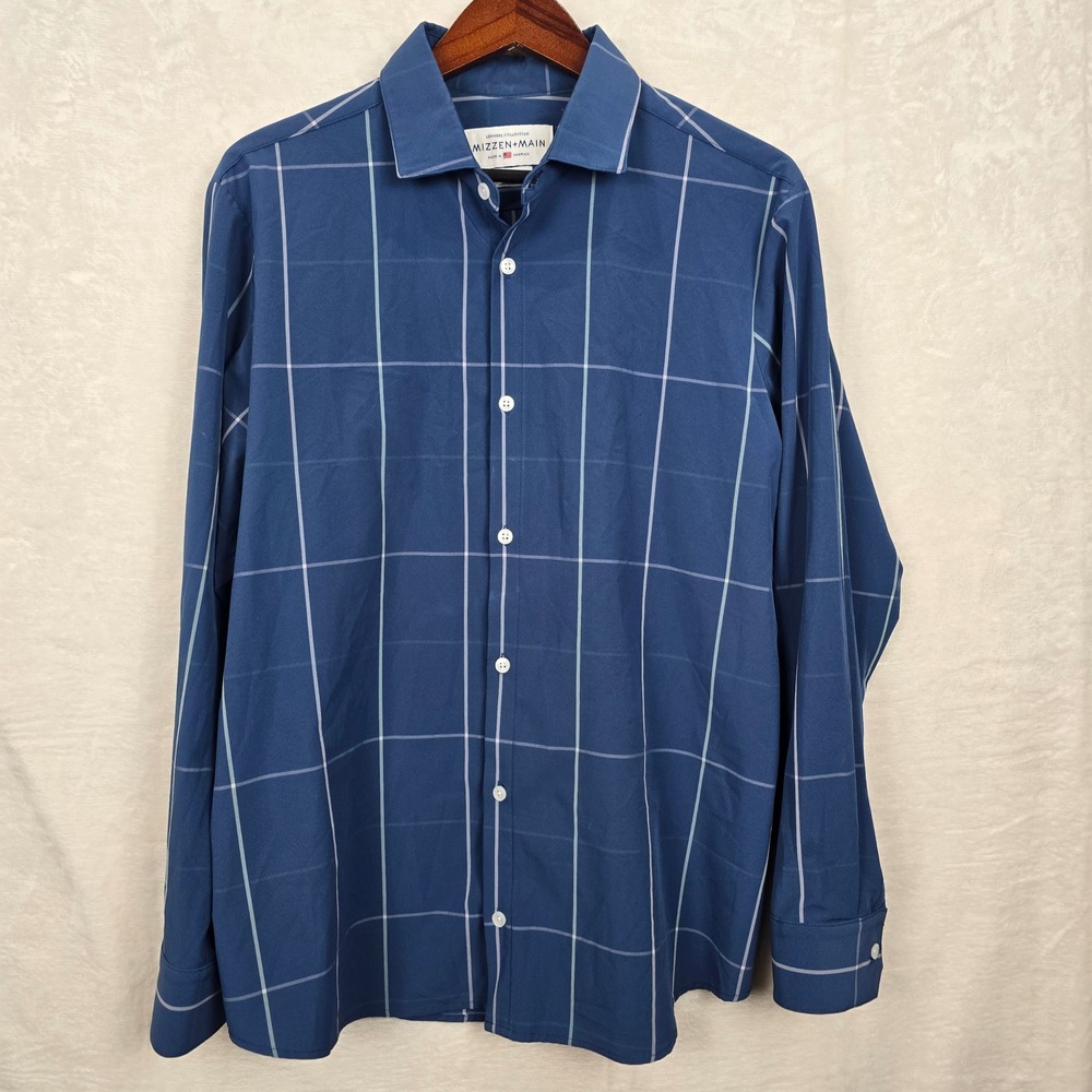 Mizzen+Main Leeward Blue Windowpane Check Trim Fit Performance Shirt XL Mens